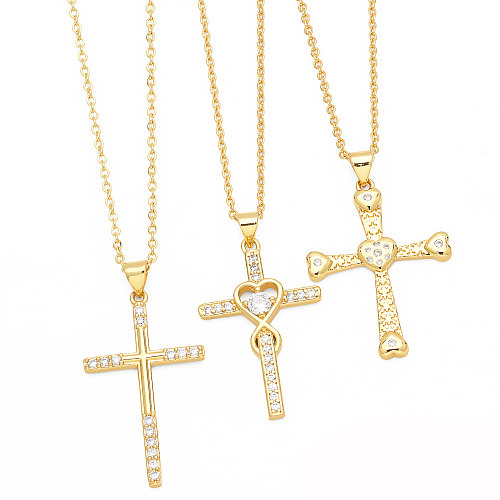 1 Piece INS Style Cross Heart Shape Copper Plating Inlay Zircon 18K Gold Plated Pendant Necklace