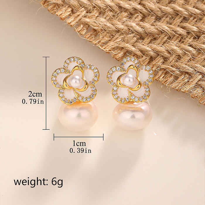 1 Pair Elegant Lady Commute Flower Plating Inlay Copper Artificial Pearls Zircon Ear Studs