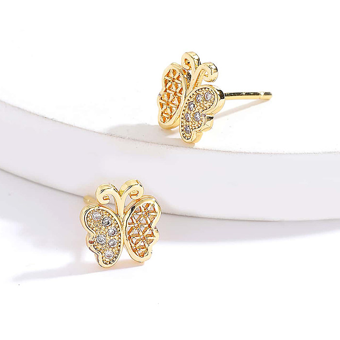 Simple Style Flower Butterfly Snowflake Copper Gold Plated Zircon Ear Studs 1 Pair