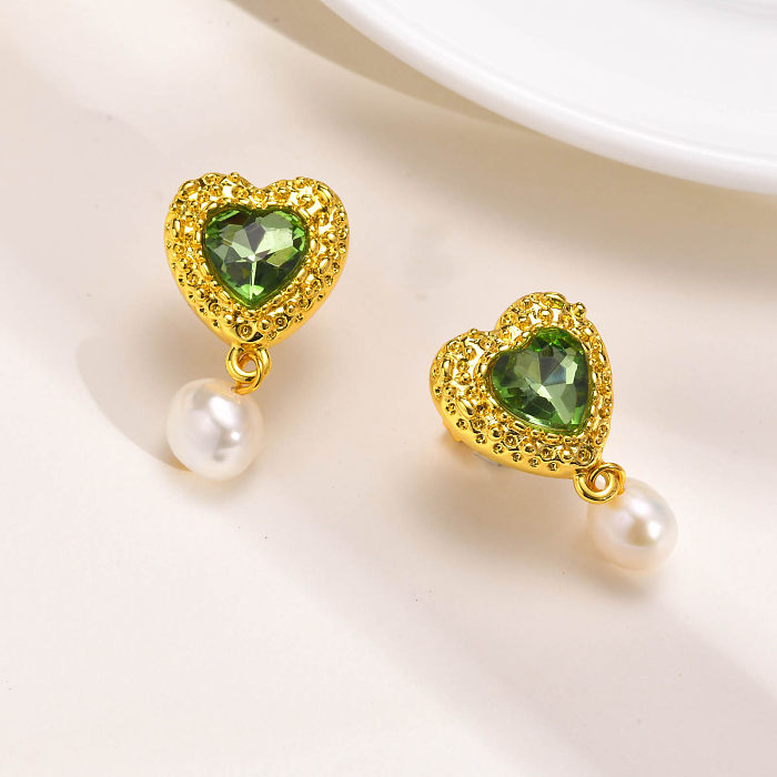 1 Pair Elegant Sweet Heart Shape Plating Inlay Brass Zircon Gold Plated Drop Earrings