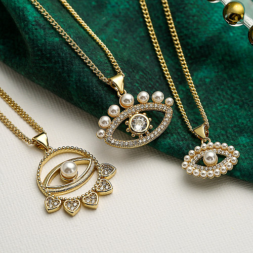 Streetwear Teufelsauge Kupferbeschichtung Inlay Künstliche Perlen Zirkon 18K vergoldet Anhänger Halskette