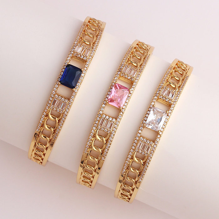 Bracelets de manchette en Zircon avec incrustation de cuivre imprimé de chaînes carrées Queen