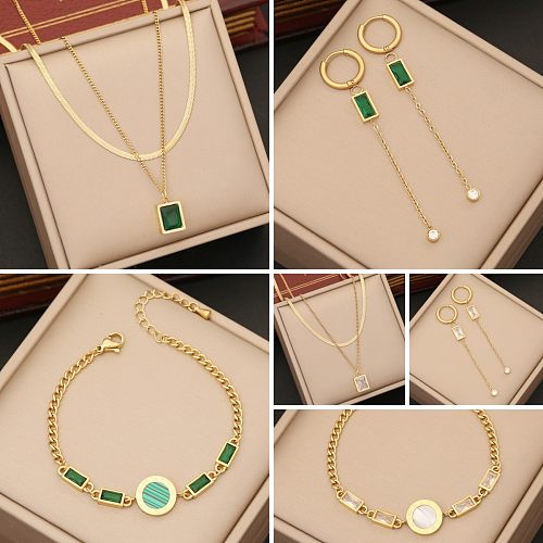 INS Style Commute Round Rectangle Stainless Steel Plating Inlay Crystal Shell Bracelets Earrings Necklace