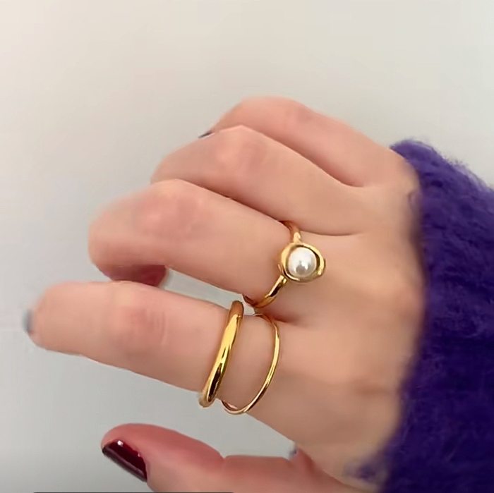 Anéis de pérolas artificiais embutimento de aço inoxidável de anel duplo geométrico de estilo simples