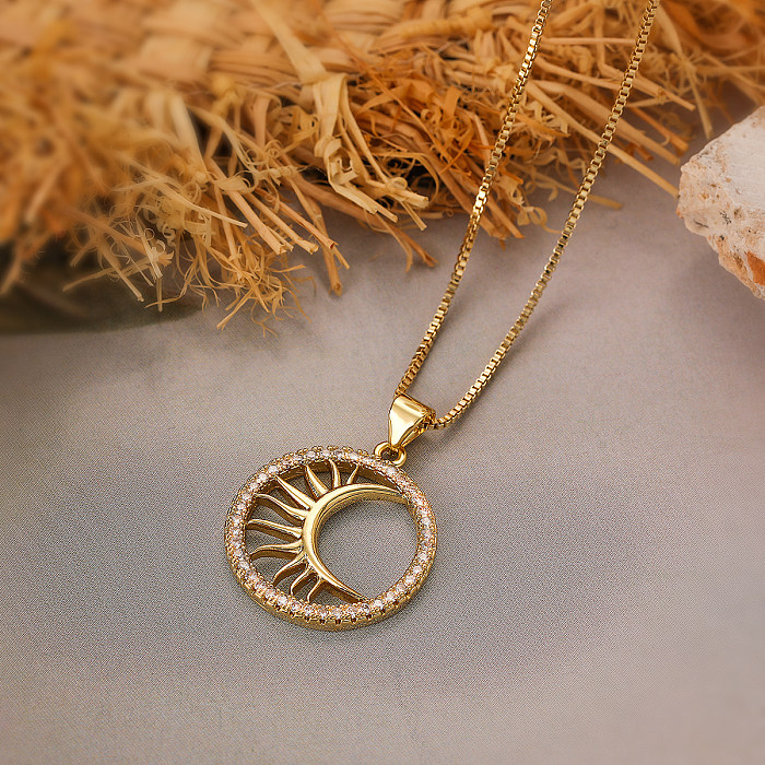 Aogu Cross-Border Copper Plating 18K Gold Zircon Sun Moon Round Pendant Necklace Female Niche High Sense Necklace