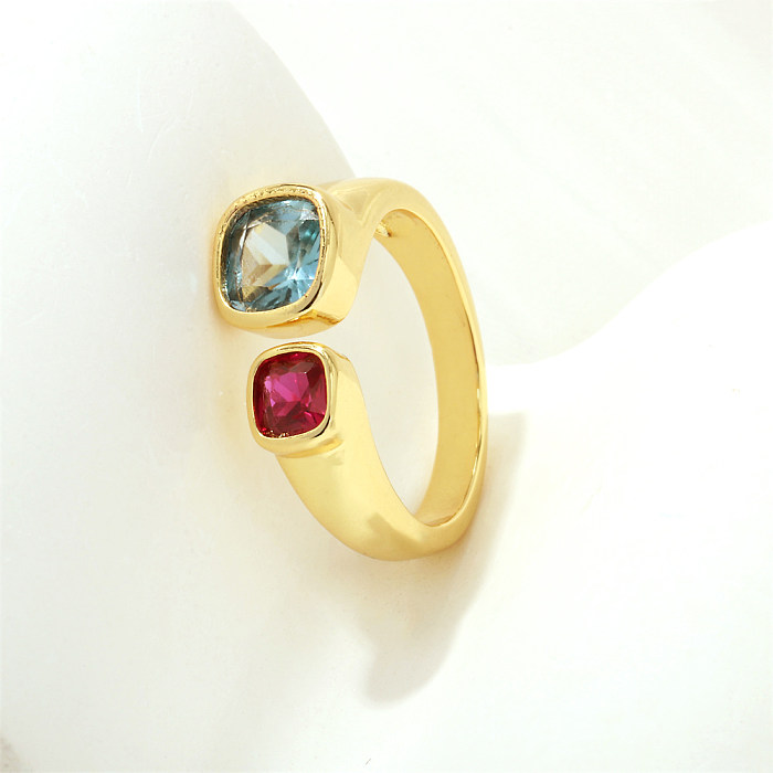 Luxurious Square Water Droplets Copper Plating Inlay Zircon 18K Gold Plated Open Rings