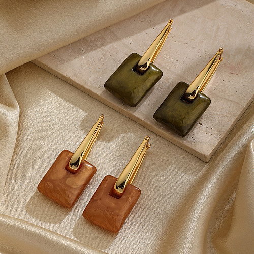 1 Paar Retro-Ohrstecker aus Metall mit quadratischer Beschichtung, künstlichen Edelsteinen, Kupfer, 18 Karat vergoldet
