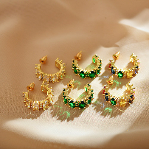1 paire de boucles d'oreilles élégantes et luxueuses, incrustations de couleur unie en cuivre et Zircon