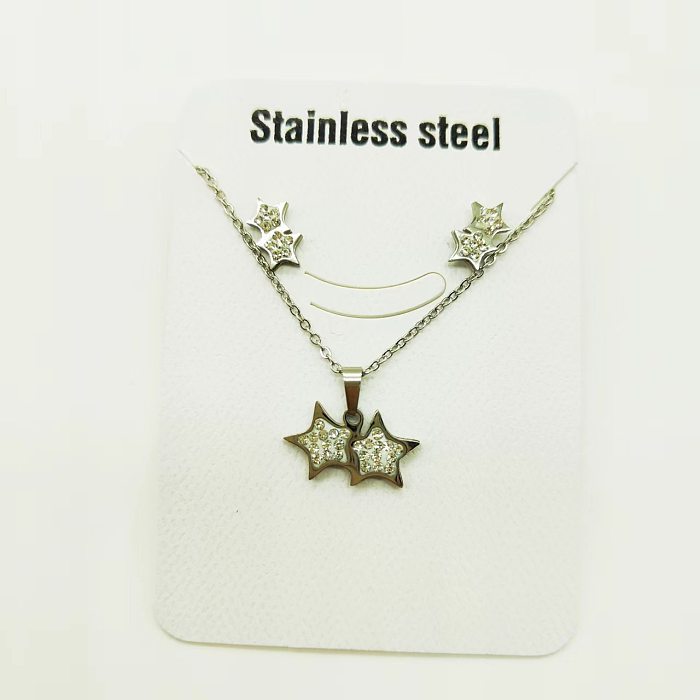 Moda estrella forma de corazón mariposa titanio acero incrustaciones diamantes de imitación pendientes de mujer collar 1 juego