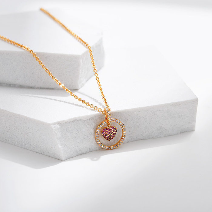 Simple Style Heart Shape Copper 18K Gold Plated Zircon Pendant Necklace In Bulk