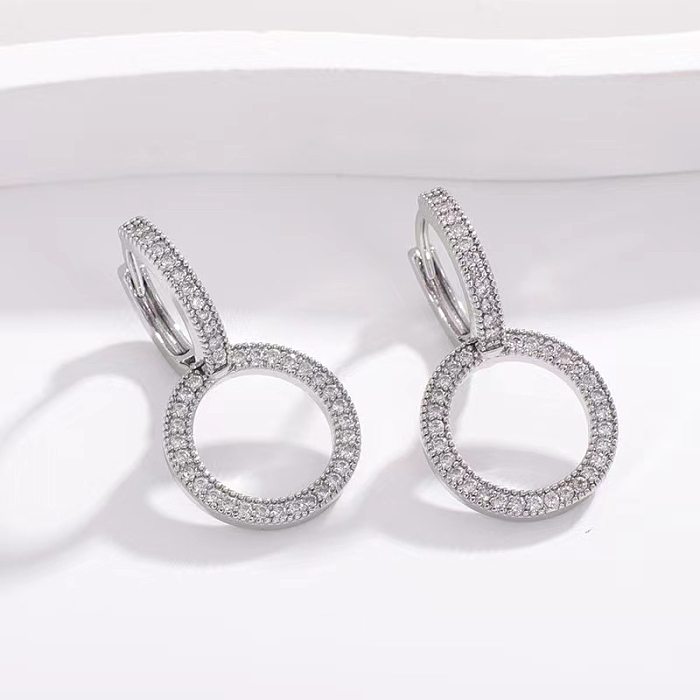 1 Paar elegante, schlichte Doppelring-Ohrringe mit Inlay aus Kupfer und künstlichem Diamant
