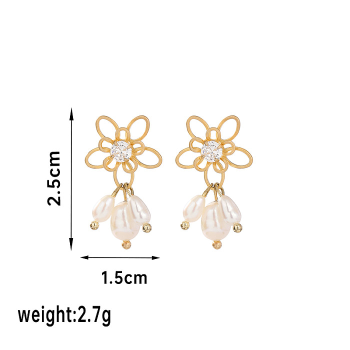 1 Pair Vintage Style Simple Style Star Flower Plating Inlay Copper Freshwater Pearl Zircon 14K Gold Plated 18K Gold Plated Ear Studs