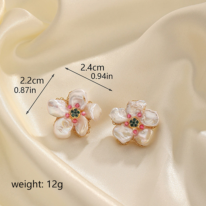 1 paire de clous d'oreilles rétro en forme de pétale de fleur, incrustation de perles de cristal en cuivre
