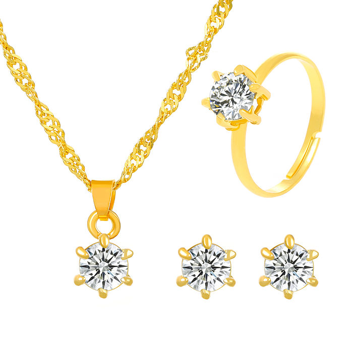 Elegante, glamouröse, geometrische Kupfer-Inlay-Zirkon-14-Karat-vergoldete Ringe-Ohrring-Halskette