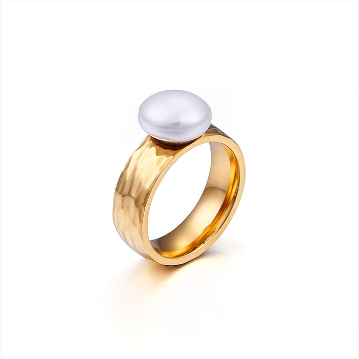 Anillo de acero inoxidable al por mayor con adorno extranjero europeo y americano, anillo de perlas de concha Popular de acero de titanio a la moda, anillo de 8mm