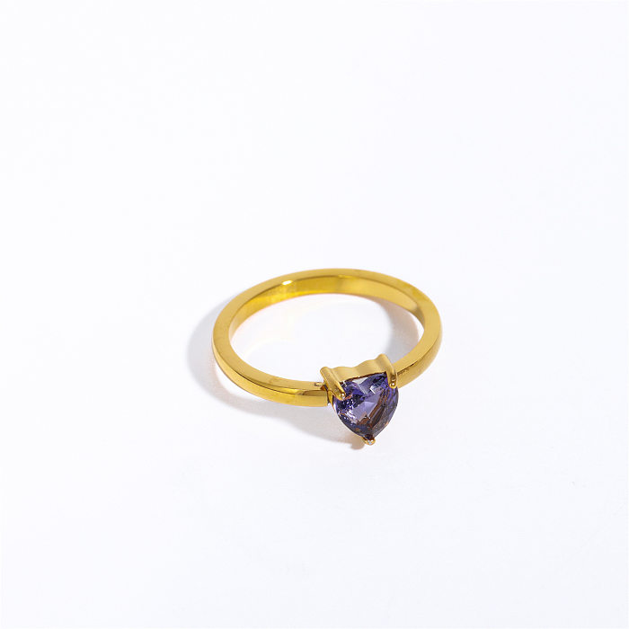 Anéis banhados a ouro 18K com zircão embutido em aço inoxidável em formato de coração estilo simples básico