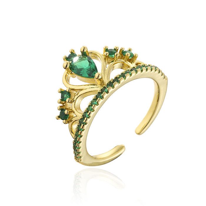 Fashion Copper 18K Gold Micro-set Zircon Crown Heart Emerald Geometric Open Ring