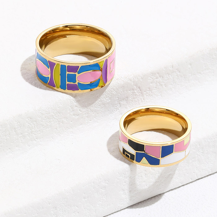 2 piezas de anillos chapados en esmalte pintado de acero inoxidable coloridos de moda