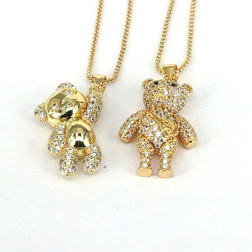 Hip-Hop Retro Punk Little Bear Copper Plating Inlay Zircon Gold Plated Pendant Necklace