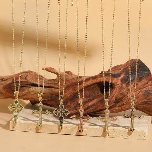 Elegante, luxuriöse, klassische Kreuz-Kupfer-Halskette mit 14 Karat vergoldetem Zirkon-Anhänger in großen Mengen
