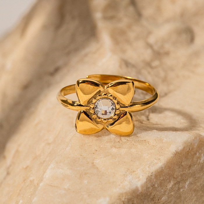 Offener Ring mit Retro-Blütenblatt-Edelstahl-Inlay und Zirkon