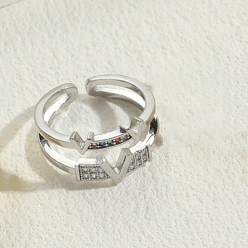 Elegant Luxurious Letter Water Droplets Heart Shape Copper Plating Inlay Zircon 14K Gold Plated Open Rings