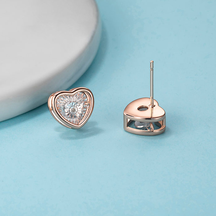 1 paire de clous d'oreilles en forme de cœur, trèfle à quatre feuilles, incrustation de cuivre et de diamant plaqué or Rose, Streetwear