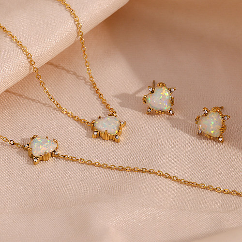 Vintage Style Simple Style Classic Style Heart Shape Stainless Steel Gem Inlay Artificial Gemstones 18K Gold Plated Women'S Bracelets Earrings Necklace