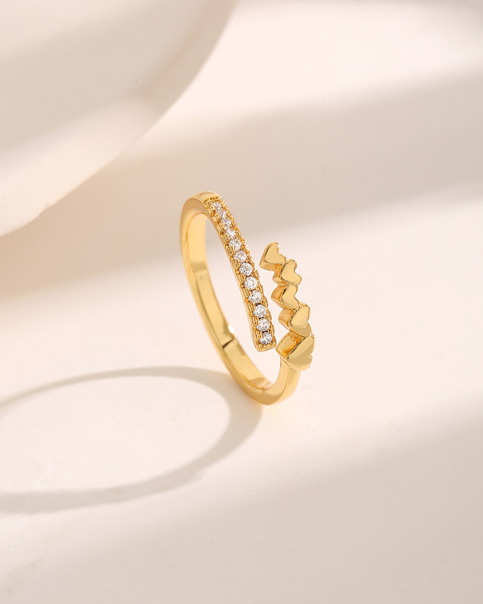 Básico doce estilo simples formato de coração cobre cruzado chapeamento cruzado zircão 18K anéis abertos banhados a ouro