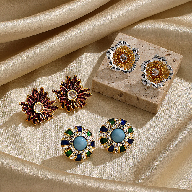 1 Pair Commute Flower Plating Inlay Copper Turquoise Zircon 18K Gold Plated Ear Studs
