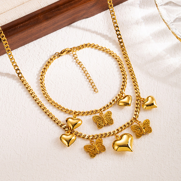 INS Style Elegant Heart Shape Flower Butterfly Stainless Steel 18K Gold Plated Bracelets Necklace