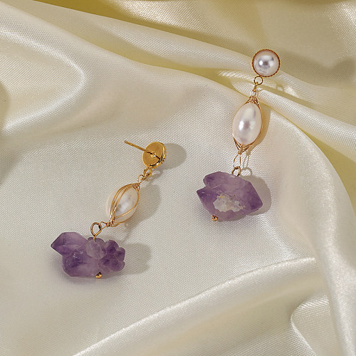 1 Pair Retro Geometric Plating Inlay Amethyst Copper Artificial Pearls 18K Gold Plated Drop Earrings