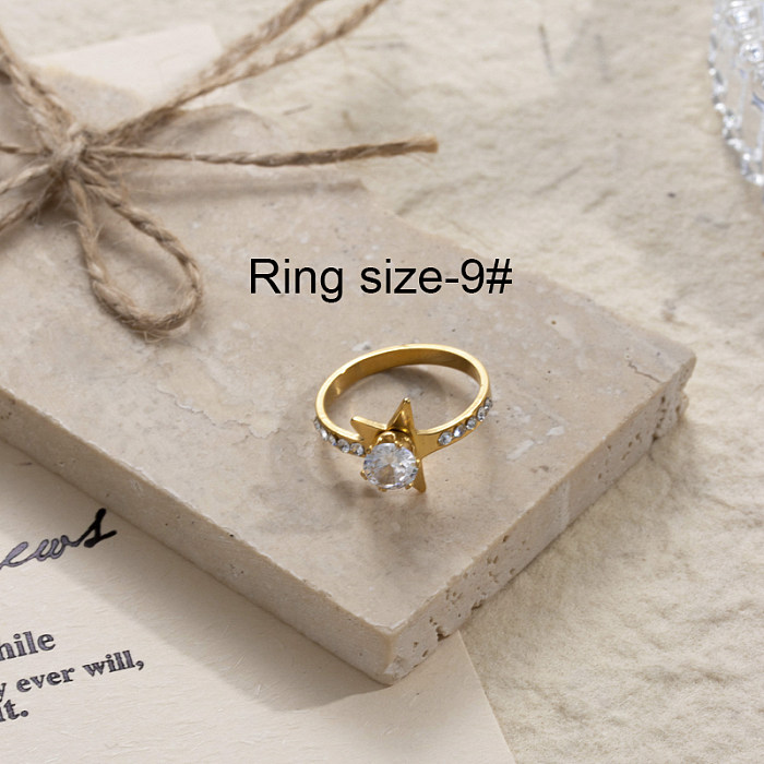 Basic Korean Style Pentagram Geometric Stainless Steel 18K Gold Plated Zircon Rings In Bulk