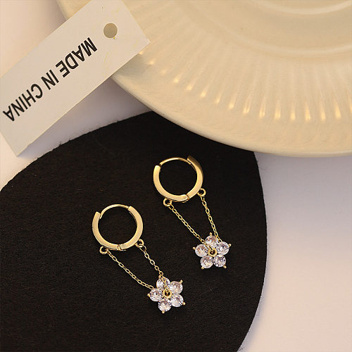 1 paire de boucles d'oreilles pendantes en cuivre et Zircon, avec placage de fleurs douces