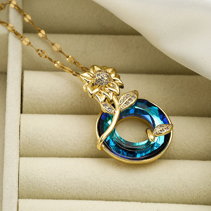 Commute Sunflower Stainless Steel Copper Plating Inlay Zircon 18K Gold Plated Pendant Necklace