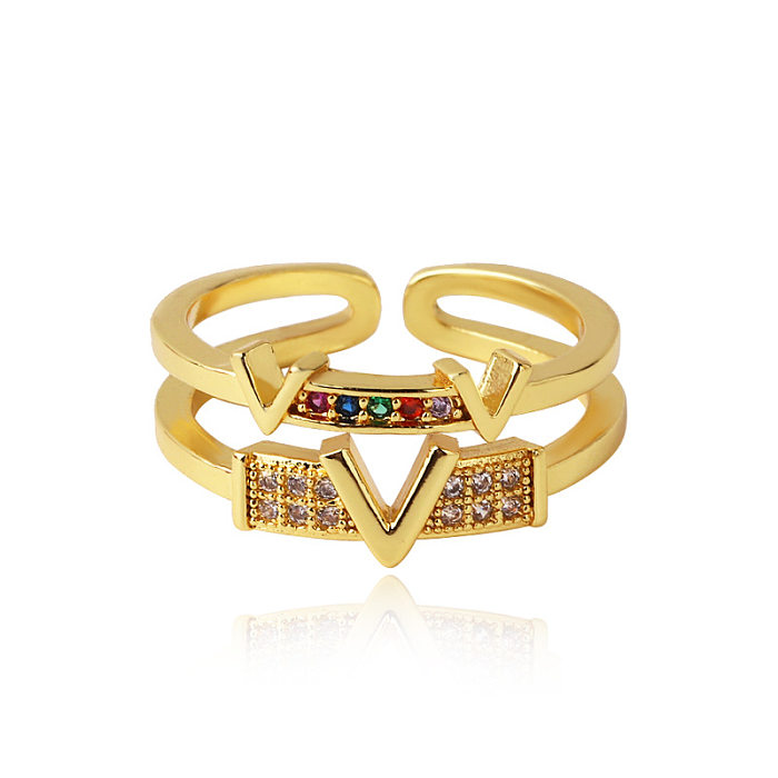 Elegante Retro-Ringe mit Buchstaben und Wassertropfen, rechteckig, Kupferbeschichtung, Inlay, Zirkon, 18 Karat vergoldet