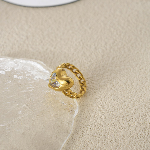 Atacado estilo moderno comute em forma de coração em aço inoxidável banhado a ouro anéis de zircão
