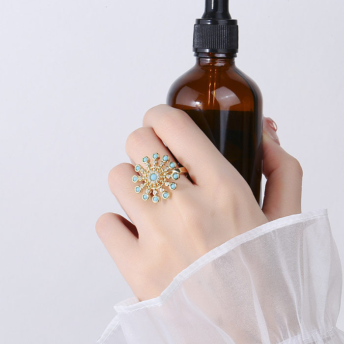 1 peça de anel aberto de zircão com incrustação de cobre e flor da moda