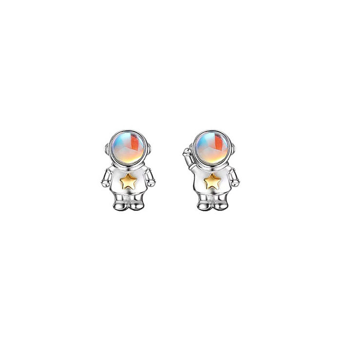 1 paire de clous d'oreilles en pierre de lune avec incrustation en cuivre d'astronaute doux
