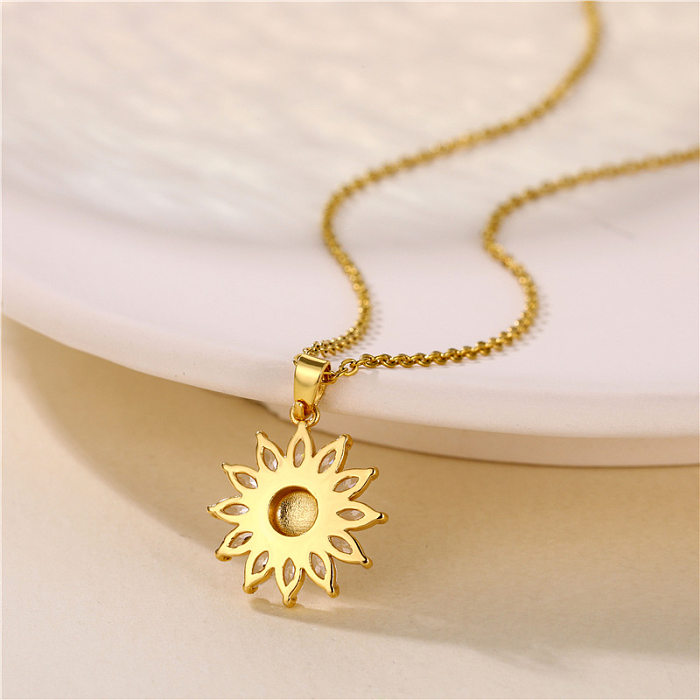 Fashion Flower Stainless Steel Brass Inlay Zircon Pendant Necklace 1 Piece