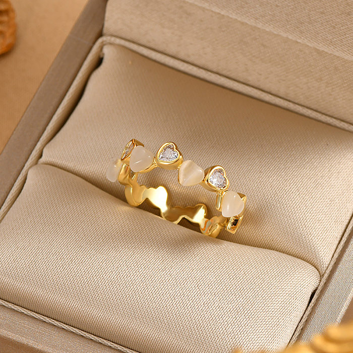 Anéis de zircão opala revestidos de cobre em formato de coração da moda