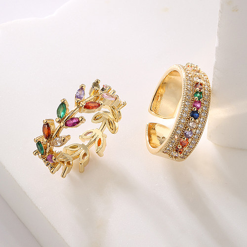 Fashion Geometric Leaf Copper Gold Plated Zircon Open Ring 1 Piece