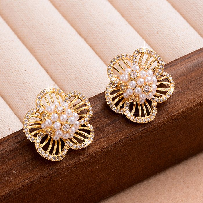 1 Pair IG Style Sweet Flower Plating Inlay Copper Pearl Zircon 14K Gold Plated Ear Studs