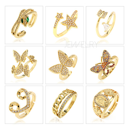Fashion Star Snake Butterfly Copper Gold Plated Zircon Open Ring 1 Piece