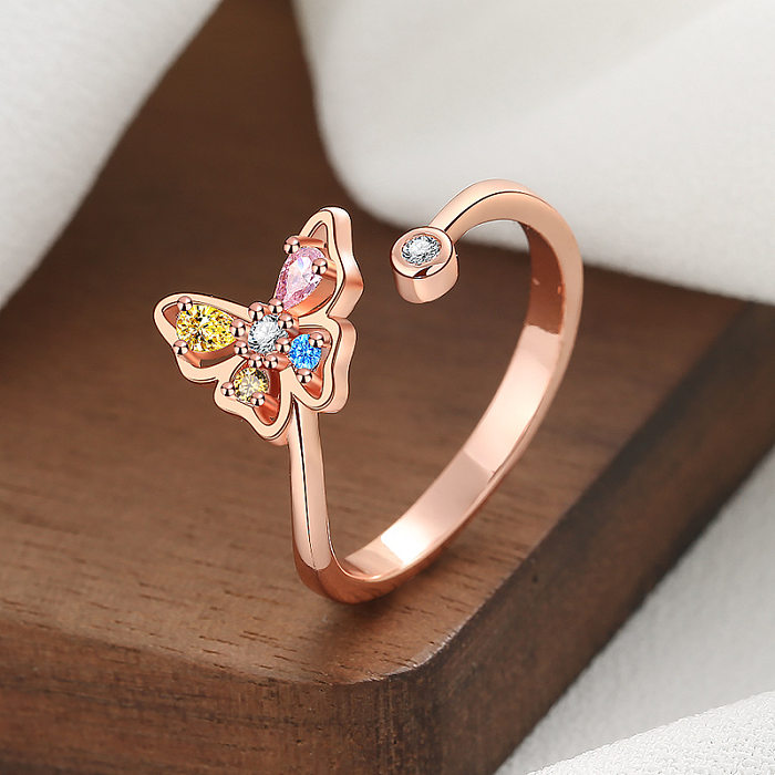 1 Piece Retro Butterfly Copper Inlay Zircon Open Ring