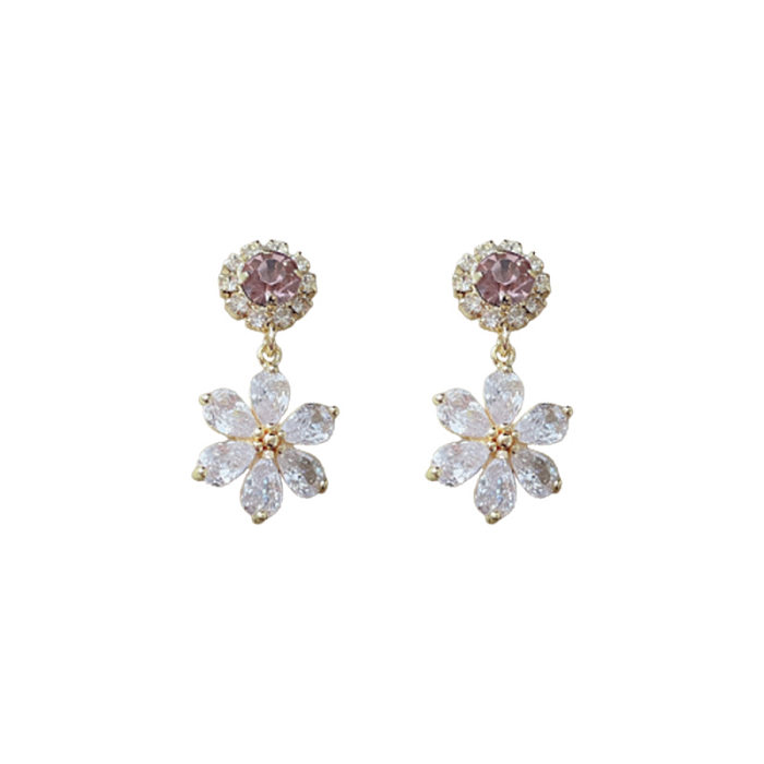 1 Pair Simple Style Shiny Flower Plating Inlay Copper Artificial Crystal 14K Gold Plated Drop Earrings