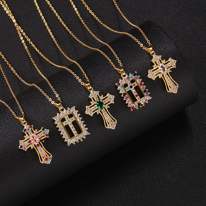 Elegante Damen-Kreuz-Kupfer-Inlay-Zirkon-Anhänger-Halskette