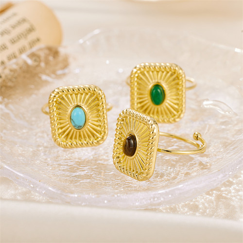 Estilo simples estilo clássico cor sólida chapeamento de aço inoxidável incrustação turquesa 18K anéis abertos banhados a ouro