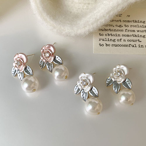 1 Paar süße Blumen-Ohrringe mit Emaille-Beschichtung, Imitationsperle, Kupfer-Zirkon, 14 Karat vergoldet