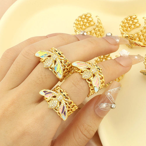 Elegante offene Ringe im Vintage-Stil mit Biene, Kupfer-Emaille-Beschichtung, Inlay aus Zirkon und 18-karätigem Gold